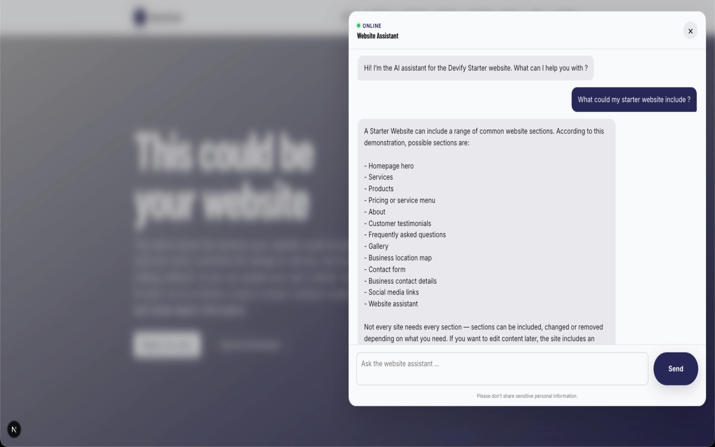 Starter website AI assistant answering a customer question on desktop