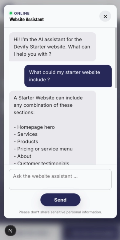 Starter website AI assistant response displayed on mobile